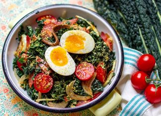 Paleo Kale Caesar Salad With Cherry Tomatoes & Soft-Boiled Egg
