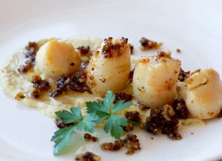 Scallops with Leek Puree & Macadamia Crumbs