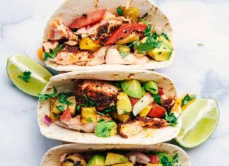 Grilled Spicy Blackened Salmon Tacos with Pineapple Avocado Salsa