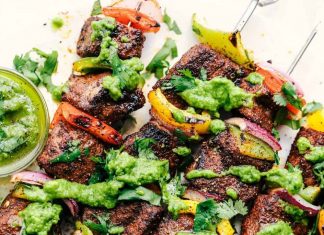 Grilled Steak Fajita Skewers with Avocado Chimichurri