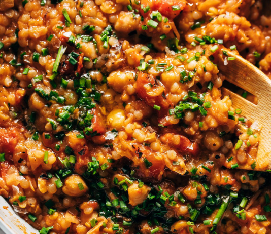 Pearl Couscous Skillet with Tomatoes, Chickpeas, and Feta Recipe